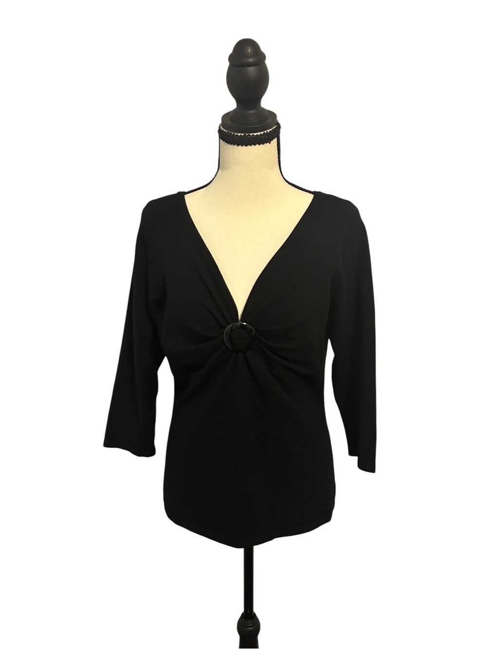 NWT Carlisle Black V-Neck O-Ring Front Ring Sweater Blouse Sz L Y2K